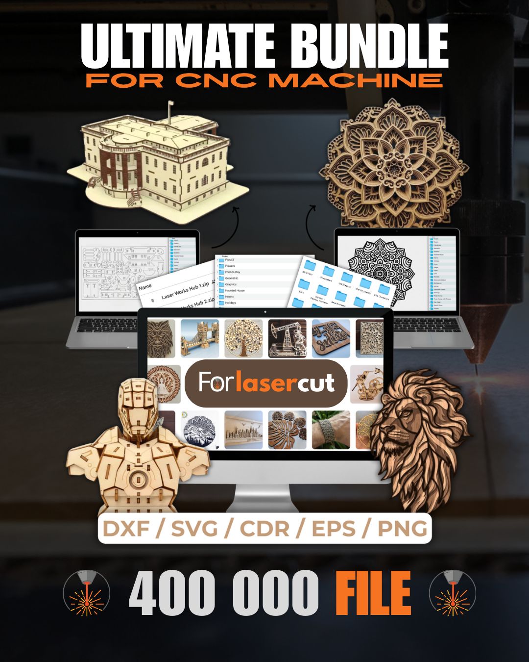 Access the ever-growing library of 400,000 exclusive laser cutting design files. Ready to use in your favorite software.